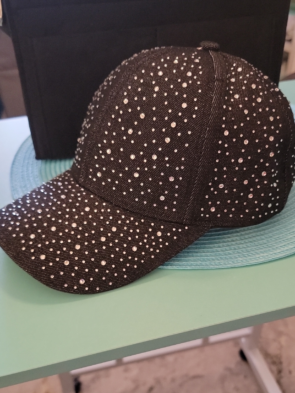 Popular Basics Black Rhinestone Baseball Cap